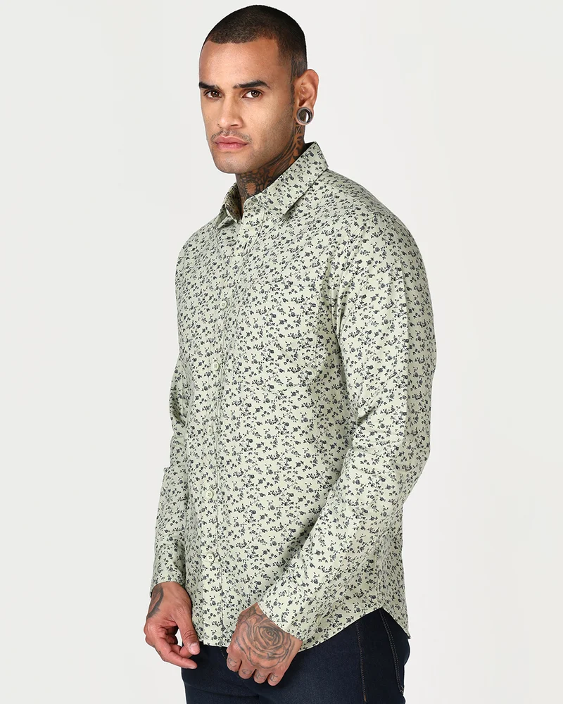 bewakoof Men's Light Olive Green All Over Printed Shirt